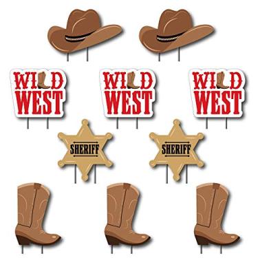 Imagem de Big Dot of Happiness Western Hoedown - Chapéu de cowboy, botas e decorações de gramado de crachá de xerife - Decorações de jardim de caubói do velho oeste - 10 peças