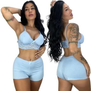 Imagem de Conjunto Top E Short Para Dormir Feminino Baby Doll Conforto Renda Lin