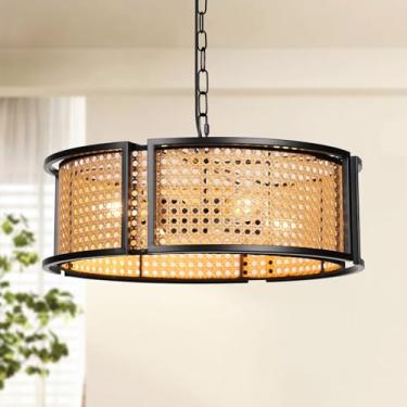 Imagem de SupMaka Lustre De Vime De Fazenda De 17,7", Luminária Pendente Grande Boêmia De 4 Luzes, Lustre Boho Tecido À Mão Para Sala De Jantar, Sala De Estar, Ilha De Cozinha, Quarto, Corredor, Hall De Entrada