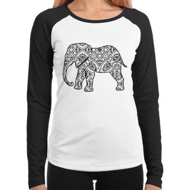 Imagem de Baby Look Raglan Elefante Mandala Manga Longa - Foca na Moda, Branco, 