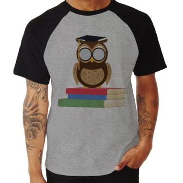 Imagem de Camiseta Raglan Coruja Estudante - Foca na Moda, Cinza, Preto, P