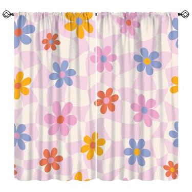 Imagem de Cortina xadrez rosa pastel, linda xadrez para meninas dos anos 70 com flores modernas, estética, hippie, colorida, abstrata, para quarto, sala de estar, banheiro, 132 cm L x 213 cm C