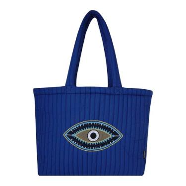 Imagem de SKAPADORO Sacola de algodão acolchoada com zíper, bolso interno com zíper, bolsa de mão bordada multiuso para mulheres/meninas para compras, viagens, faculdade, academia, trabalho, bolsa de ombro