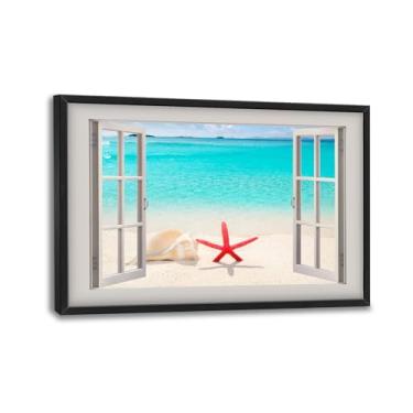 Imagem de citari Arte de parede em tela emoldurada para banheiro de praia grande, fotos de conchas do mar costeiras, decoração de parede, arte de janela 3D, impressão de pintura do mar azul, obras de arte do
