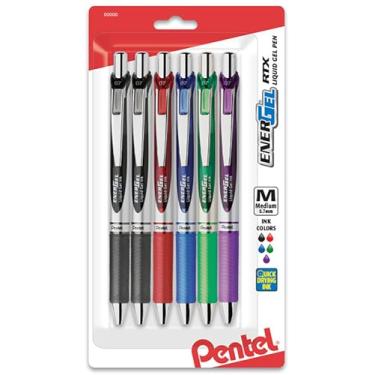 Imagem de Pentel Canetas De Gel Líquido Retráteis Energel Rtx, Ponta Média, 0,7 Mm, 54% Recicladas, Barril, Cores De Tinta Sortidas, Pacote Com 6 Canetas 6 Unidades (Pacote Com 1) Prata