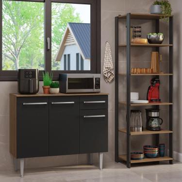 Imagem de Kit Cozinha Balcão Gabinete 3 Portas 1 Gaveta e Armário Cozinha Despensa 5 Prateleiras Preto/Rustic