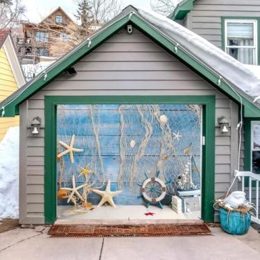 Imagem de Capa de leme náutico para porta de garagem, decoração de banner 2,1 x 2,4 m, conchas, rede de pesca, estrela-do-mar, azul, placa de madeira, capa de porta de garagem, aventura ao ar livre, festa de