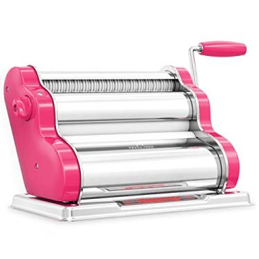 Imagem de PASTALINDA Máquina de fazer massa clássica 260, rolos de 26 cm de largura, 9 posições de espessura, 2 posições de corte, aço inoxidável. Inclui manivela de mão reforçada e dois grampos (Fúcsia)
