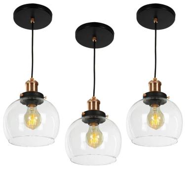 Imagem de kit 3 Lustre Pendente Château Bola Media Vidro Preto /Cobre
