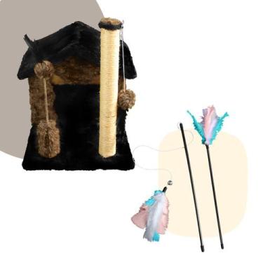 Imagem de Kit Arranhador Sisal Casa sem Rede para Gato e Brinquedo 2 Varinhas co