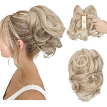 Imagem de CJL HAIR Extensões De Cabelo Curtas Com Rabo De Cavalo E Presilhas De Garra, Faça Você Mesmo, Metais Dobráveis, Coque Bagunçado, Apliques De Cabelo Sintético Ondulado E Cacheado, Loiro Ensolarado