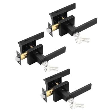 Imagem de Tinewa Pacote com 3 alavancas quadradas de porta de entrada com fechadura e chave, maçanetas de porta de entrada pretas foscas, para portas externas ou internas, quarto, escritório, hotel (cada uma