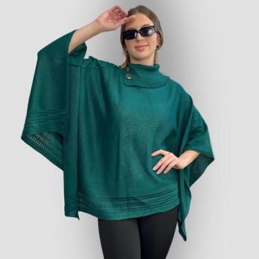 Imagem de Poncho Feminino Tricot Mousse Liso Gola Alta Casaco Inverno - GIP, Ver