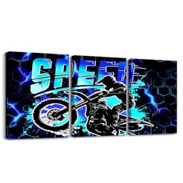 Imagem de Feelyou Pintura de parede infantil azul sujeira bicicleta decoração de parede corrida motocross arte de parede para sala de estar quarto meninos meninas motocicleta pintura de parede esportes radicais