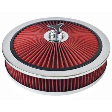 Imagem de Conjunto de filtro de filtro de ar lavável de alto fluxo redondo de 35,5 cm x 7,6 cm com tampa cromada e pescoço de carburador de 14 cm - ajuste universal para Chevrolet, GMC, Ford (vermelho)