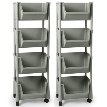 Imagem de Kit 2 Carrinho Multiuso 4 Prateleiras Em Plástico Com Rodízio - Cinza