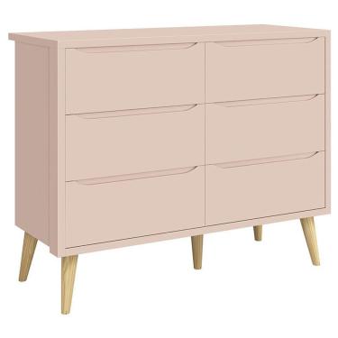 Imagem de Cômoda Infantil 6 Gavetas Retrô Theo Rosa Acetinado Com Pés Natural - Reller