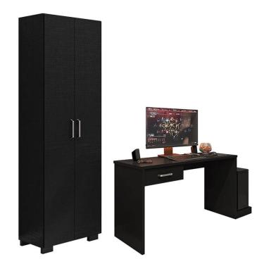 Imagem de Mesa Para Computador Gamer Drx 9000 E Livreiro Office Com Portas Grandes Preto Trama - Móveis Leão