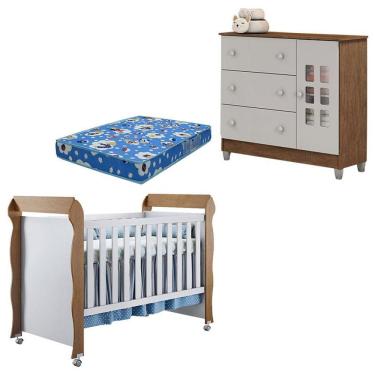 Imagem de Kit Berço Americano Mirelle e Cômoda Mariah em MDF com Colchão Branco Acetinado Amadeirado
