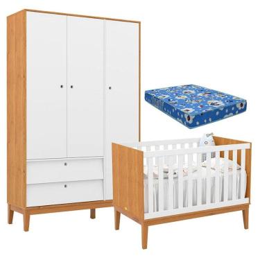 Imagem de Berço Americano E Guarda Roupa Unique 3 Portas Freijó Branco Soft Eco Wood Com Colchão Ortobom