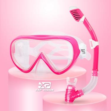 Imagem de EXP VISION Conjunto De Snorkel Infantil, Máscara Mergulho Infantil Antiembaçante, Óculos Natação Secos, Equipamento Para Crianças, Meninos E Meninas 4 A 14 Anos (Conjunto Rosa)