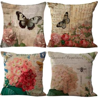Imagem de ChezMax Capas De Almofadas Vintage Com Estampa Flores, 18X18", Conjunto 4, Fronhas Decorativas Linho Floral E Borboleta Para Sofá, Sala Estar, Pátio Externo, Jardim, Decoração Fazenda