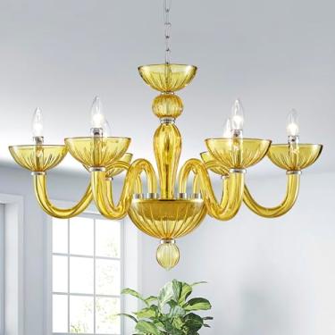 Imagem de SM Saint Mossi Lustre De Cristal Com 6 Lustres, Luminária Moderna Para Sala Jantar, Pendente Verde-Amarelo Quarto E Estar, Tubo Vidro S, D30Xl30Xa20, Soquete E12