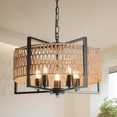 Imagem de InterMaka Lustre De Vime Com 5 Lâmpadas, 19,7" (49 Cm), Estilo Fazenda Moderno, Para Sala Jantar, Preto Rústico Cúpula Trançado, Luminárias Boho, Ilha Cozinha, Estar, Quarto, Hall Entrada