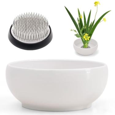 Imagem de Woration Vaso japonês Ikebana para flores, sapo, kit de arte floral, vaso de plástico branco com Kenzan de 6,9 cm para arranjo de flores, mesa, escritório, decoração de casa