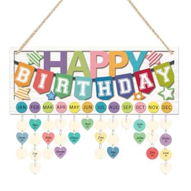 Imagem de HOURIA Calendário de aniversário colorido 3D para pendurar na parede (40 cm x 15 cm com 100 peças de etiquetas de madeira), lembrete de aniversário de arco-íris, placa de madeira, rastreador de