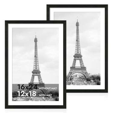 Imagem de iRahmen Conjunto De 2 Porta-Retratos 16X24 Com Plexiglass, Display Madeira Preta 12X18 Tapete Ou 16 X 24 Sem Tapete, Pôster Para Montagem Em Parede Fotos Horizontal E Vertical
