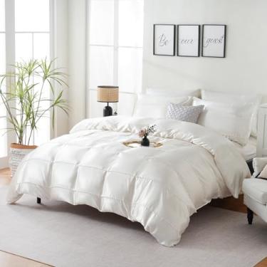 Imagem de Chumerry Conjunto de edredom de cetim branco com estampa de seda sedosa, 8 peças, design de pregas de cetim, cama king size em uma bolsa, edredom de hotel de luxo com conjunto de lençóis