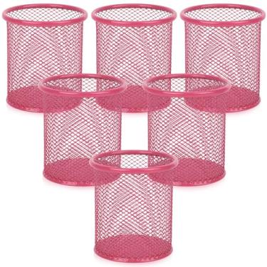 Imagem de Segarty Copo de caneta, pacote com 6 lindos porta-canetas rosa escuro, suporte de lápis de malha redonda para mesa, organizador de acessórios de mesa para material de escritório, escola, armazenamento
