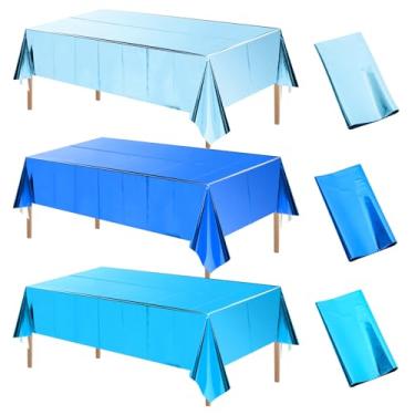 Imagem de WovWeave 3 peças de toalhas de mesa azuis de 137 x 272 cm, toalhas de mesa retangulares descartáveis, para aniversário, chá de bebê, casamento, praia, oceano, piscina, artigos de festa