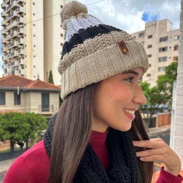 Imagem de Conjunto Touca Pompom Listrada Com Cachecol Gola Lã Macio Quentinho - 