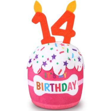 Imagem de Dansydaisy Acessórios de brinquedo de bolo de aniversário de 14 anos para meninas e meninos, brinquedo de pelúcia rosa para decoração de festa de aniversário para cães grandes, médios e pequenos