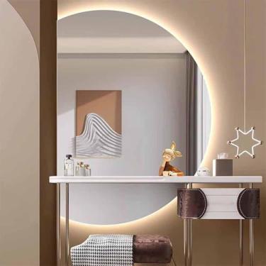 Imagem de Espelho De Vaidade Led Semicírculo Retroiluminado De 130cm Para Banheiro, Espelho De Meia Lua De 3 Cores Para Parede De Entrada, Anti-neblina Sem Moldura à Prova De Estilhaçament, Cut Right, 51"x35"