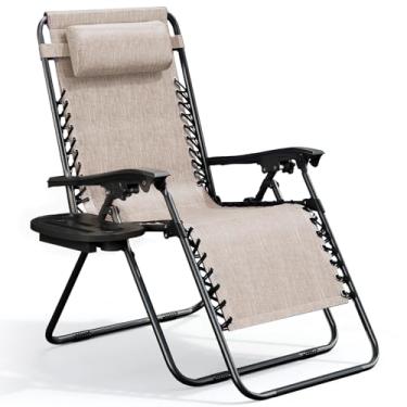 Imagem de Nestl Cadeiras de gravidade zero, espreguiçadeira portátil para pátio ao ar livre com travesseiros e bandejas de suporte de copo, cadeira de acampamento reclinável de malha de aço ajustável, cadeira