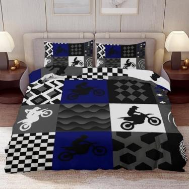 Imagem de Delerain Conjunto de capa de edredom tamanho solteiro, jogo de cama de corrida de motocross de 3 peças para meninos, meninas, adolescentes, moderno, conjunto de quarto de microfibra macia para