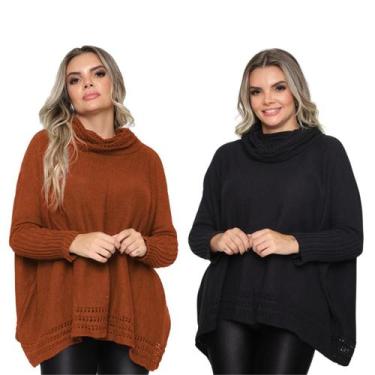 Imagem de Kit 2 Poncho Feminino Tricot Liso Gola Alta Casaco Lã Inverno - Rosile