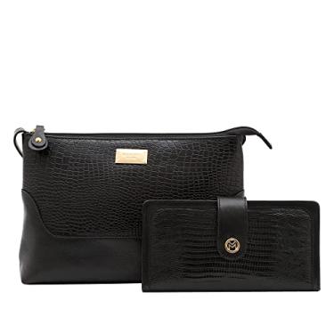 Imagem de Kit Bolsa Transversal e Carteira de Couro Legítimo Lezard Mariart 2194+100 (Preta)