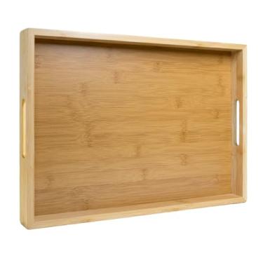 Imagem de MAONAME Bandeja de servir de bambu com alças, bandeja decorativa retangular para mesa de centro, bandejas modernas para sala de estar, cozinha, 40 x 29 x 4,6 cm