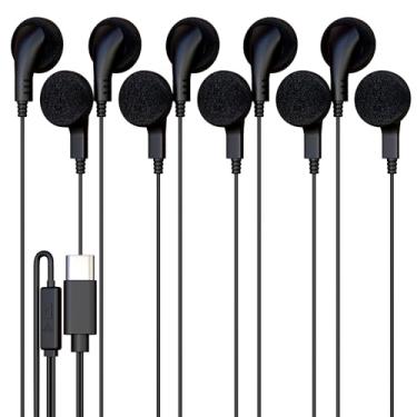 Imagem de Pacote com 5 fones de ouvido com fio, USB-C, intra-auricular, microfone, compatível com telefone, tablet, laptop, PC para escola, aula online, reunião, conferência na web, teste, preto
