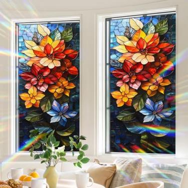 Imagem de BVBOX Película de privacidade para janela 44,5 cm x 99,8 cm, adesivo de película de vitral floral com bloqueio solar, adesivo decorativo não adesivo para controle de calor de porta doméstica, flor 7