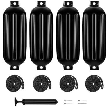 Imagem de K-Musuclo Pára-choques para barco, pacote com 4, 16,5 x 58,4 cm, para-choques de barco para ancoragem, cilíndricos infláveis, com nervuras, vem com cordas para para-lamas de barco (preto)