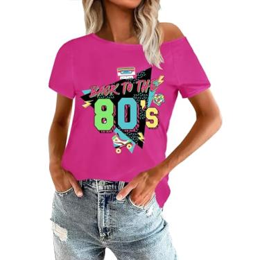 Imagem de OCURHU Camisas femininas dos anos 80, retrô, ombro de fora, discoteca, anos 80, 90, roupa temática de festa, C - rosa neon, Large
