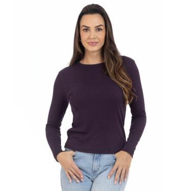 Imagem de Blusa Feminina Manga Longa Gola Redonda Malha Ribana Casual-Feminino