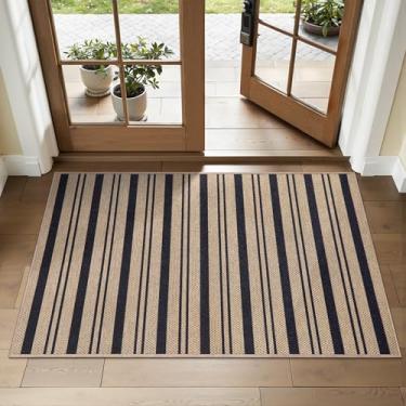 Imagem de Tangsoo Tapete de juta listrado, ultrafino, 5 x 7 cm, para uso externo, antiderrapante, lavável, tapete moderno, para cozinha, quarto, varanda, porta