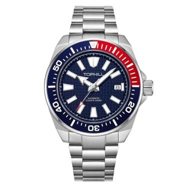Imagem de TOPHILL Relógio de mergulho automático de 43,5 mm para homens, 300 m, movimento NH35, calendário luminoso, safira TD008G, Aço azul vermelho