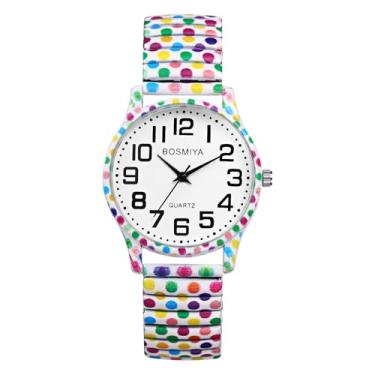 Imagem de OIDEA Relógios femininos com pulseira elástica: relógio com pulseira de quartzo analógico e estampa floral, relógios de pulso femininos casuais, Pontos coloridos a